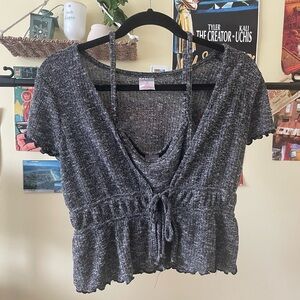 Gray Ruffled Tie Front Crop Blouse